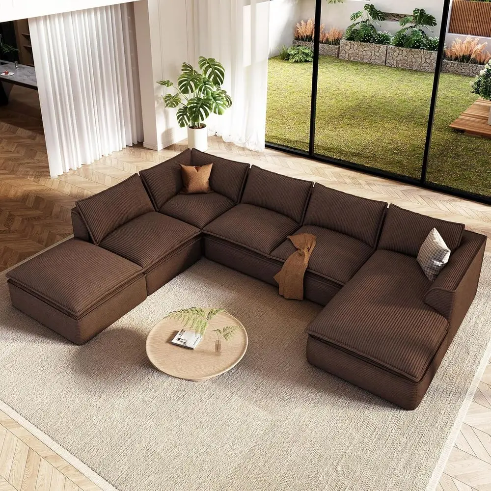 

Oversized 7-Seater Sectional Couch with Chaise and Ottoman, Deep Seat Corduroy, Living Room Sofa, No Assembly Needed, Chocolate