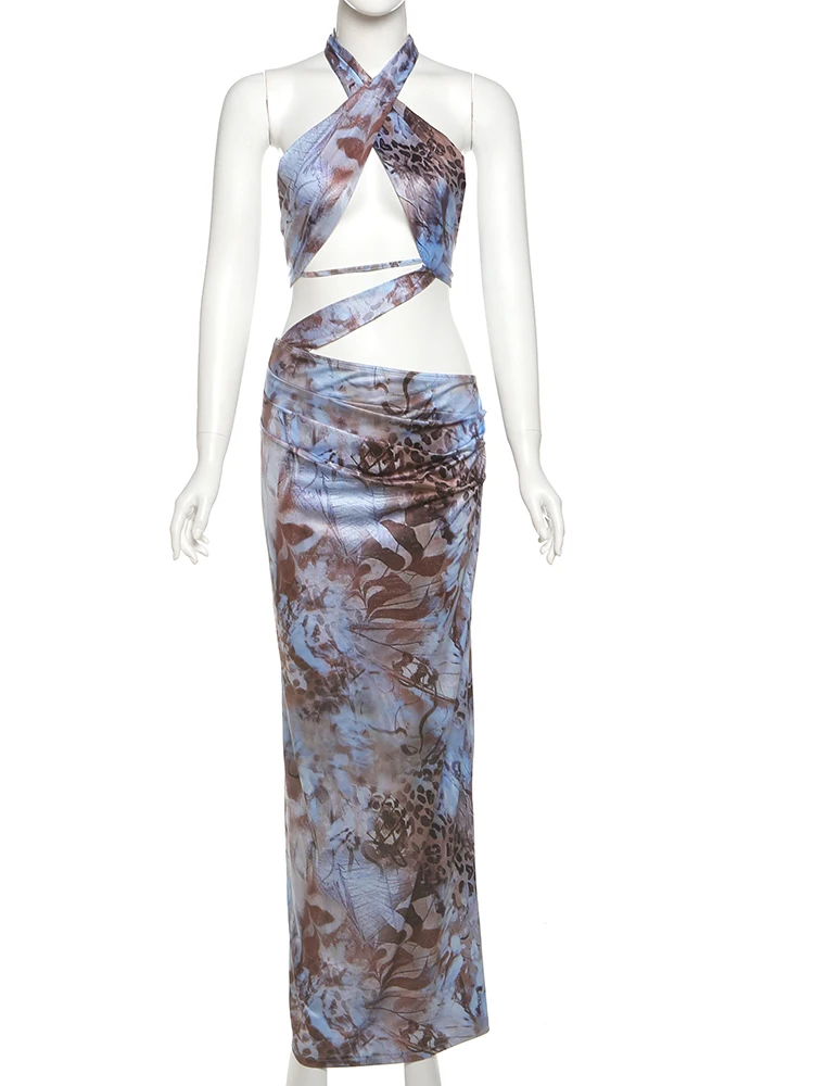 Macheda Sexy Rückenfreies Kleid Frauen Mode Druck Kreuz Verband Halfter Ärmel Unregelmäßige Robe Urlaub Strand Party Lange Bodycon
