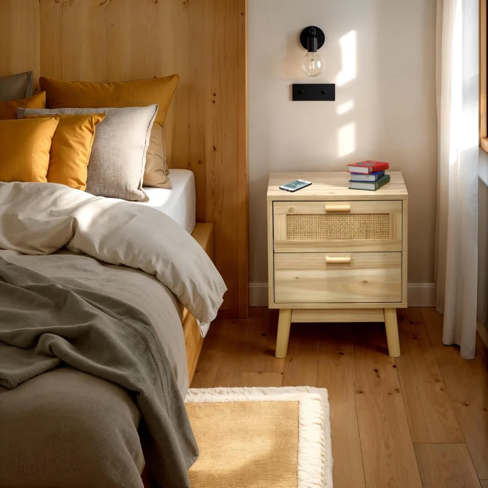 Mesilla Noche 2 Cajones، Estilo Natural Pino Y Ratan، Compacta 40x39x48 سم #4