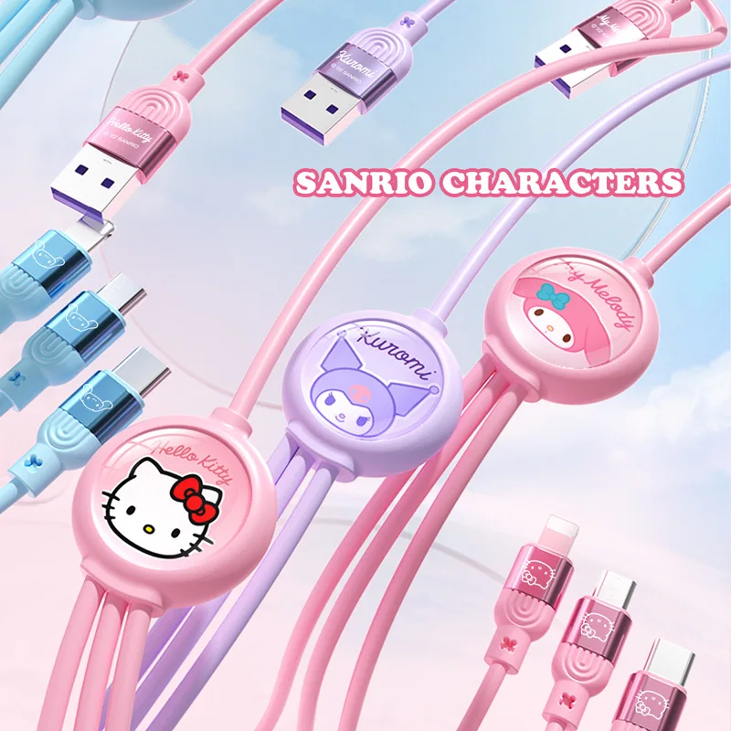 Kawaii Sanrio Data Cable Applicable To All Mobile Phone Type-C Fast-Charging Three-In-One 5A Hello Kitty Kuromi Charging Cable