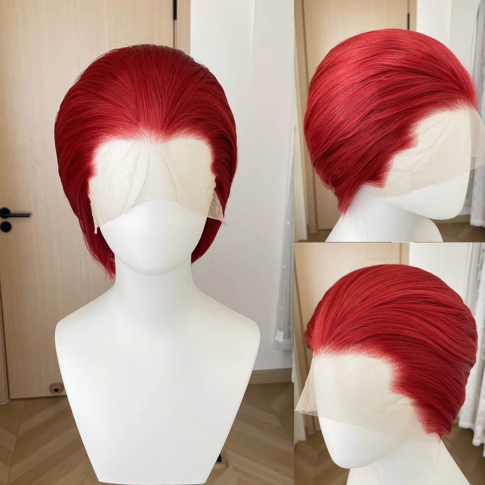 

Widow‘s Peak Light Red Synthetic Wigs for Men 13x4 Lace Front Wigs Short Bob Cut Cosplay Wigs for Women 150% Density Glueless