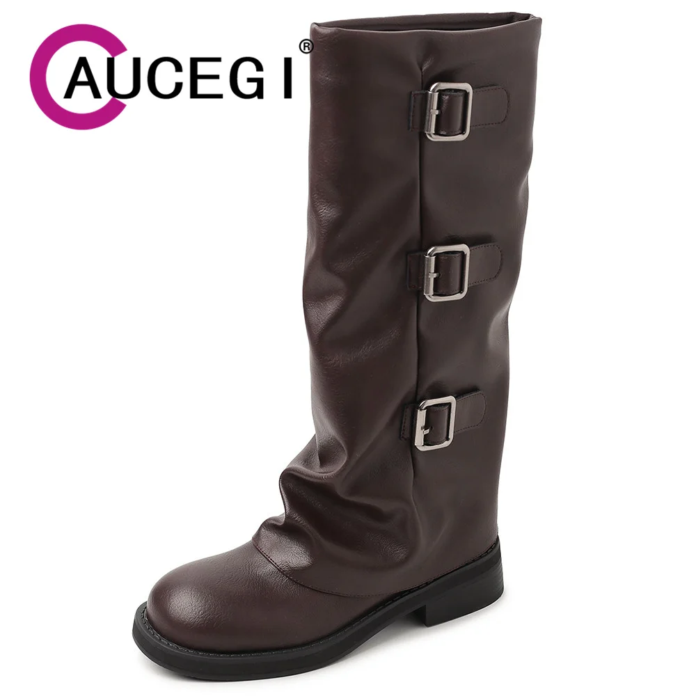 Aucegi Spring Autumn Brown Quality Leather Western Knee High Boots Belt Buckle Decorations Round Toe Slip-on Middle Heels Shoes