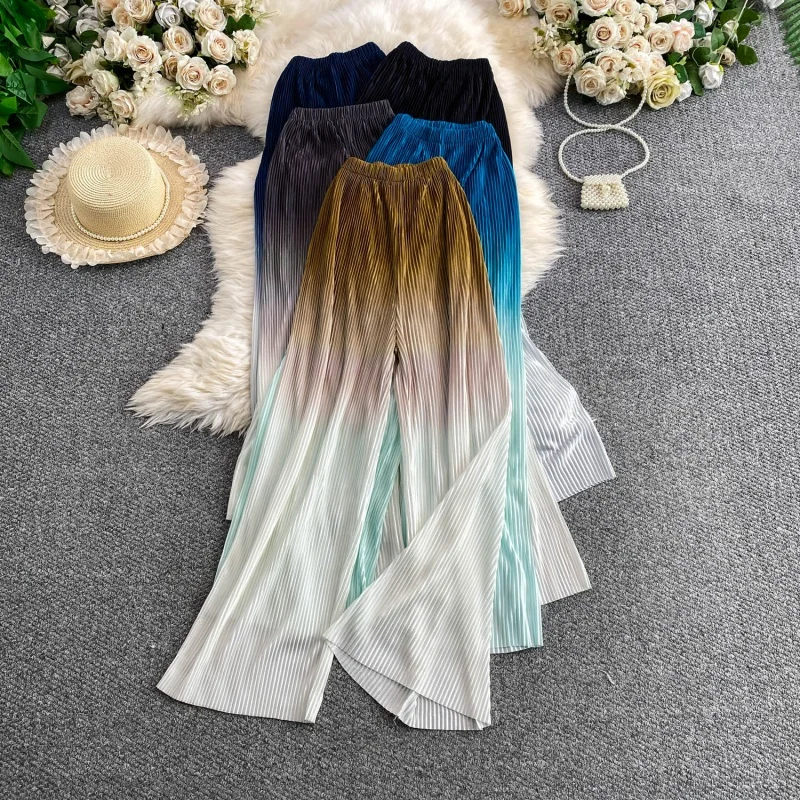 Summer Autumn Elastic Fold Gradient Wide Leg Pants Women Elastic High Waist Long Pants Ladies Thin Ankle-Length Pleated Trousers