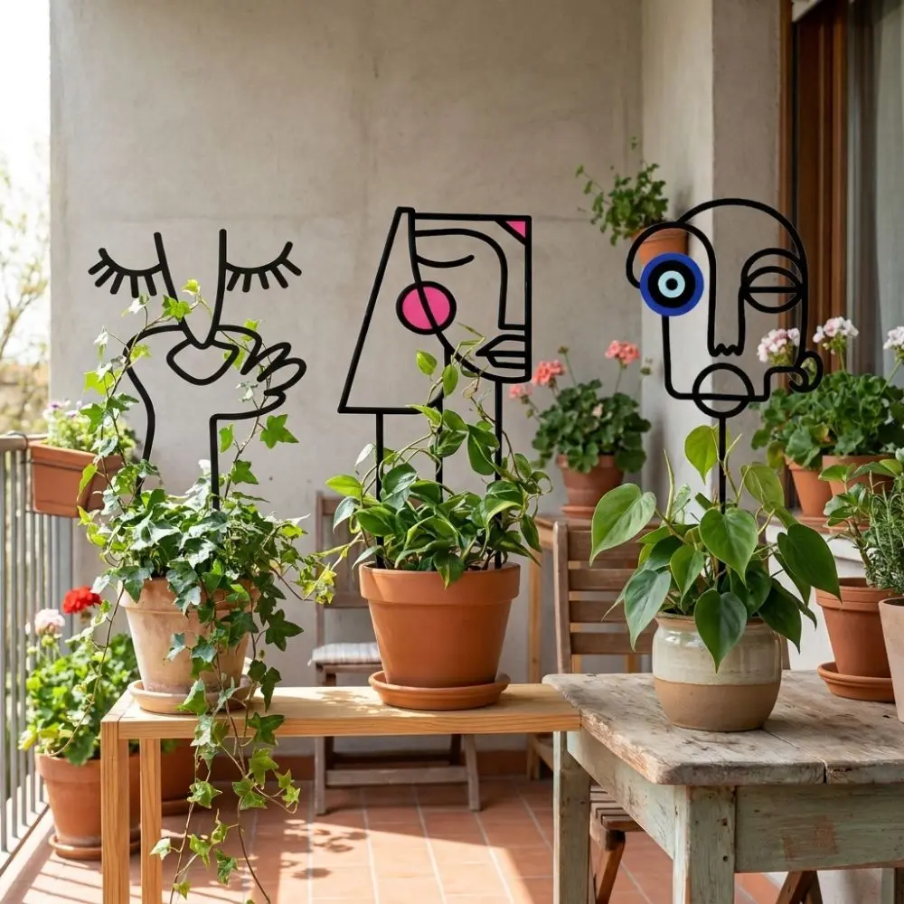 Abstract Line Plant Climbing Trellis Human Face Shaped Iron Art Flower Pot Bracket Rustproof Weather Resistance