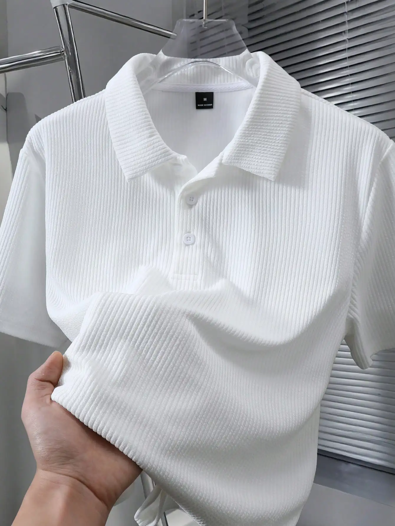 

Men's White Ribbed Knit Short Sleeve Polo Shirt Casual Business Collared Button-Up