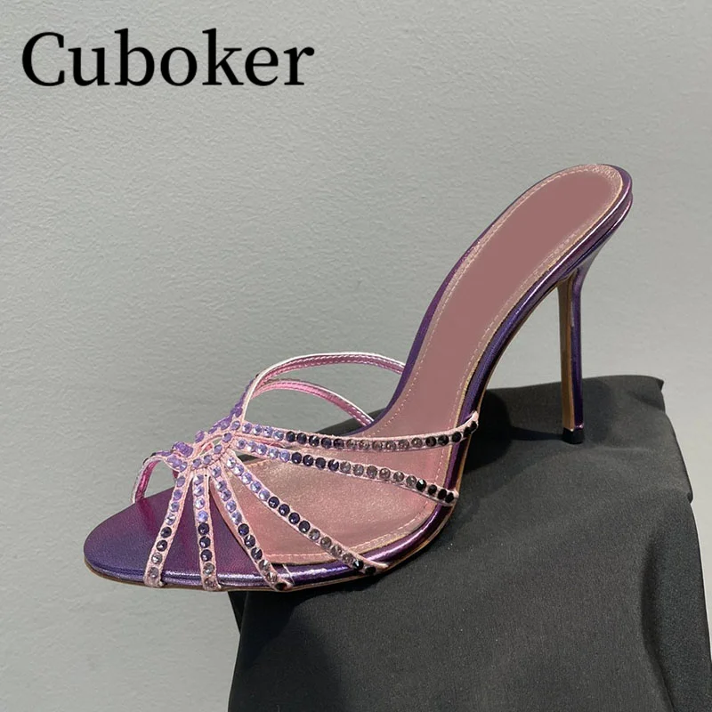

2023 Brand Runway Crystal Women Party Slippers Designer Ladies Pumps Fashion Cross String Mules High heel Women Shoes Summer