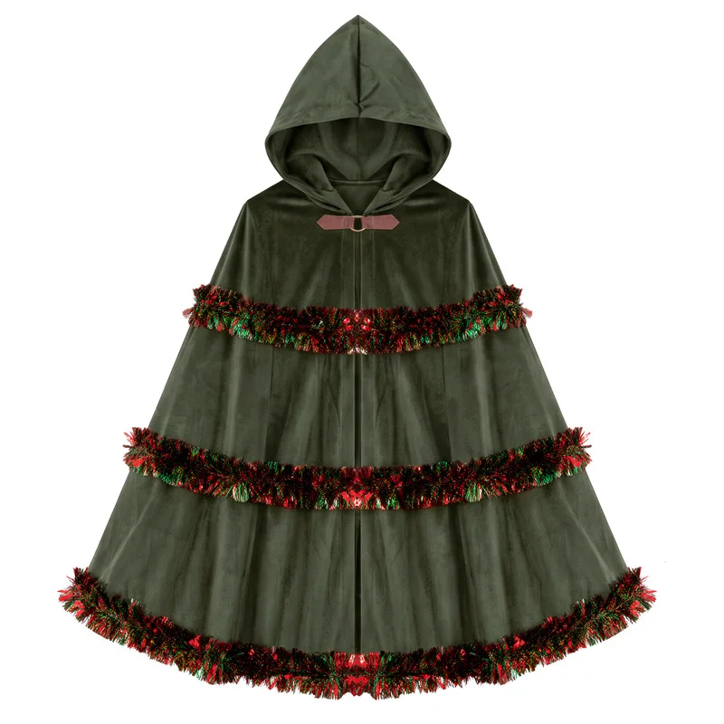 Women Christmas Hooded Velvet Cape Dark Blue Xmas Tinsel Trim Cloak Holiday Party Cosplay Fancy Dress Costume view 5