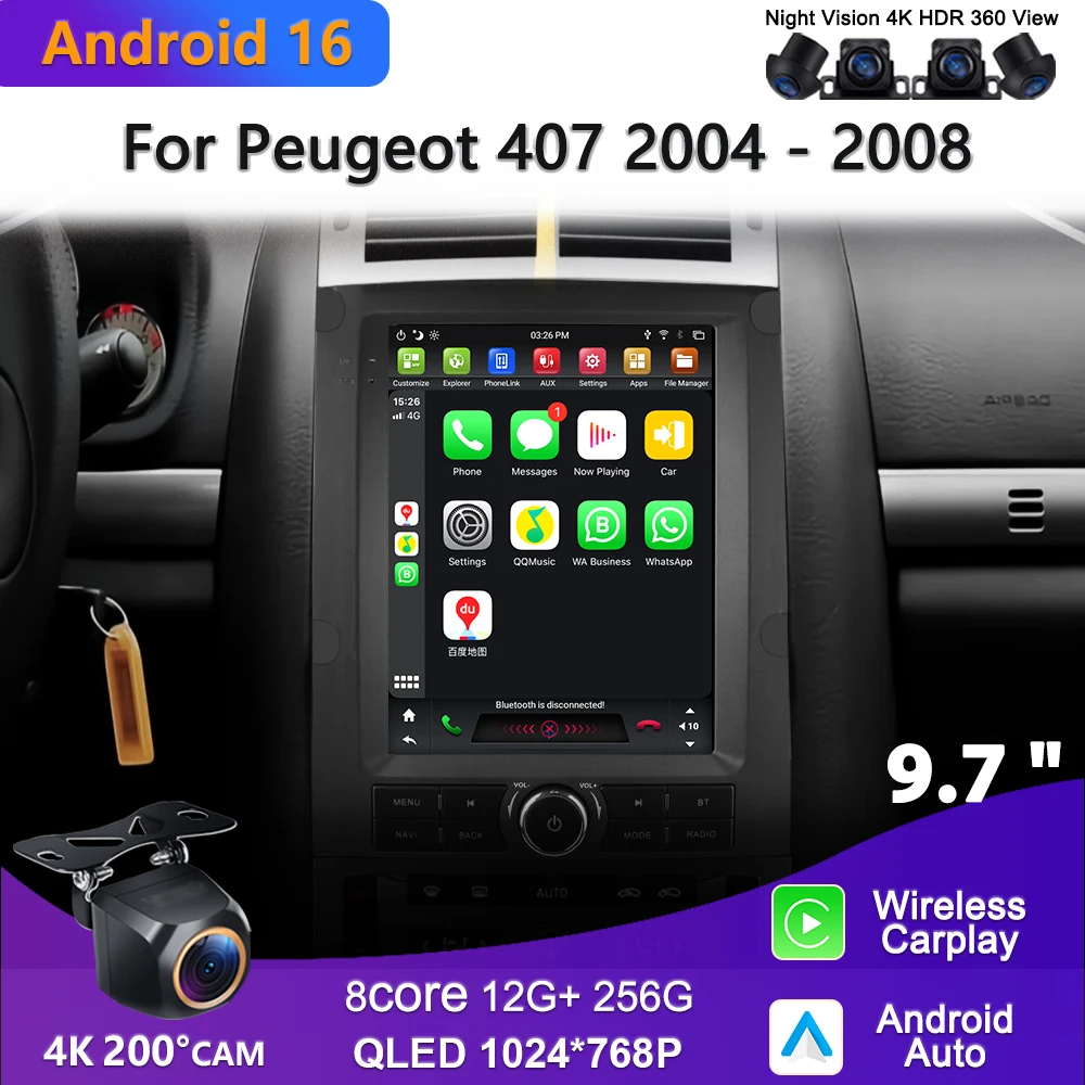 9.7‘’ Screen Android 16 For Peugeot 407 2004 - 2008 Stereo Carplay Multimedia Video Player 4G GPS Navigation Radio No 2din DVD