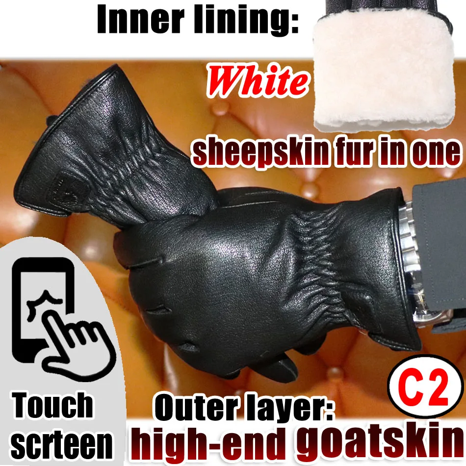 Deerskin Goatskin Gloves Men\'s and Women\'s Thick Wool Real Fur Touch Screen Natural Leather Winter Windproof Warm Fur Gloves