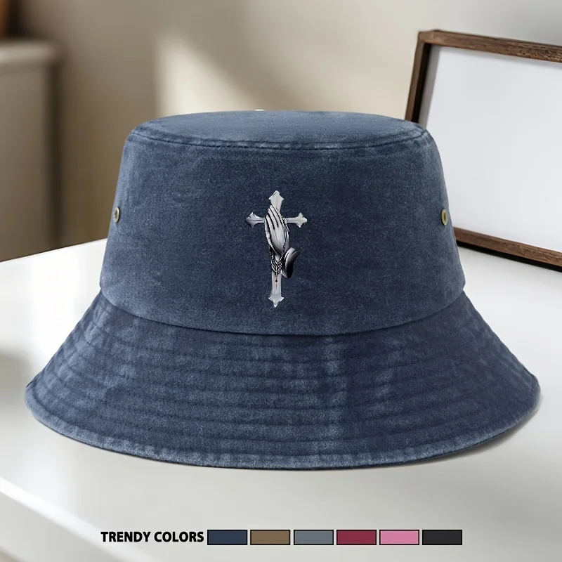 Foldable Women'S Cross-Stitch Printed Washed Fisherman Hat, Fashionable All-Match Multi-Color Available Retro Bucket Hat, Suitab