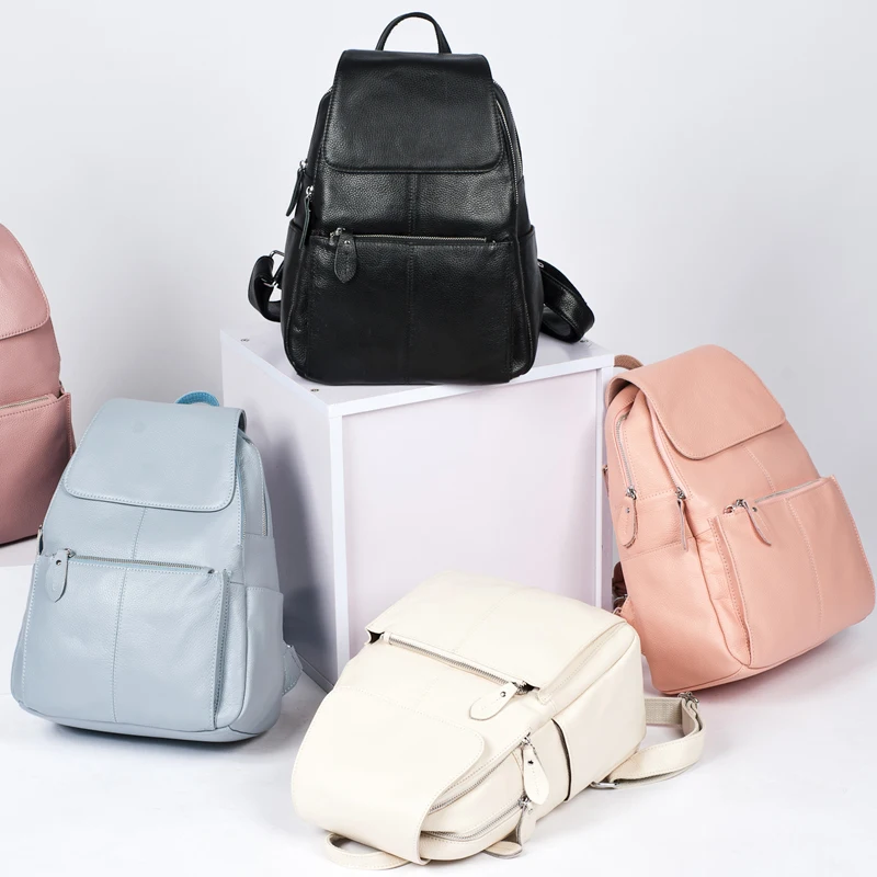 Zency 15 Colors Fashion Women Backpack 100% Genuine Leather Travel Knapsack Large Capacity Preppy Style Beige Blue BlackRucksack