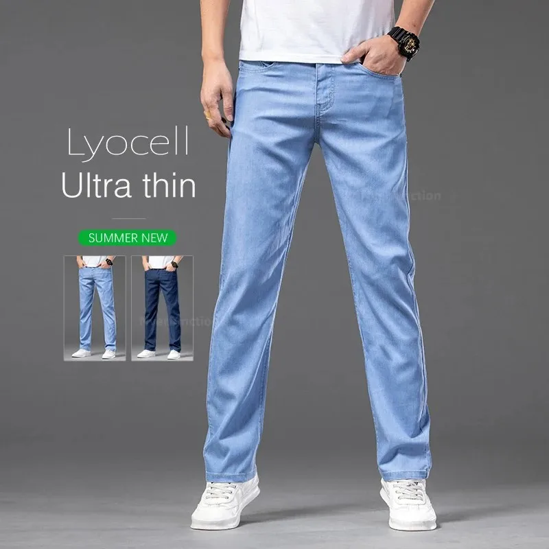 

Baggy Jeans Men's Clothing Summer Ultra Thin Lyocell Straight Trousers Fashion Casual Business Stretch Soft Denim Pants Male