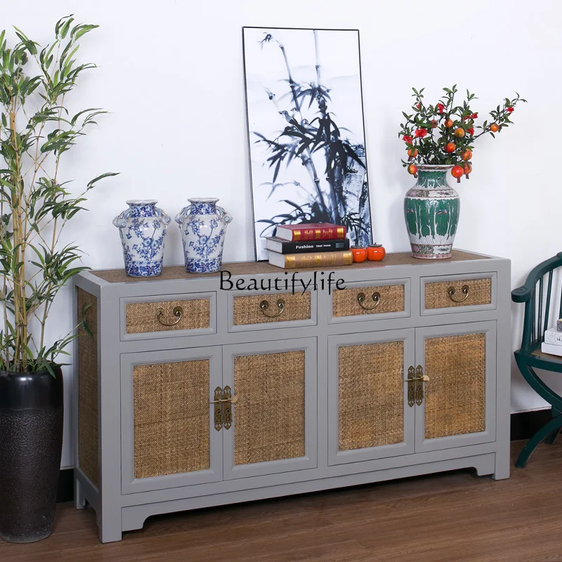 New Chinese-style solid wood four-door dining side cabinet, painted paint antique foyer entrance cabinet