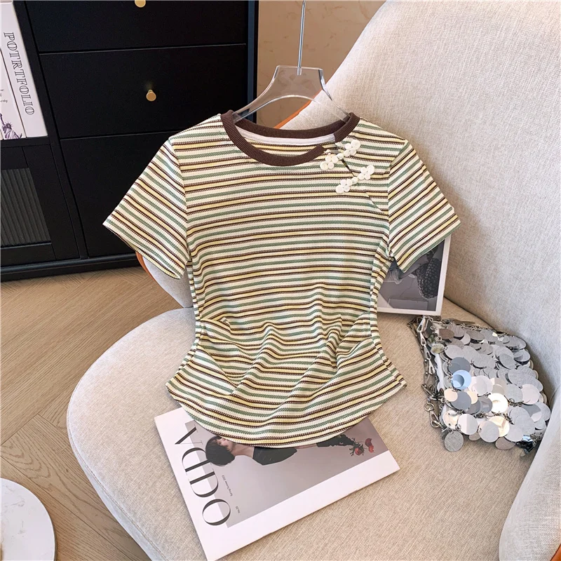 

Harajuku Short Sleeve Chinese button O-Neck Casual Y2K Style Fashion Shirt Feminina Tops T Shirt Women Striped Punk T-shirt chic