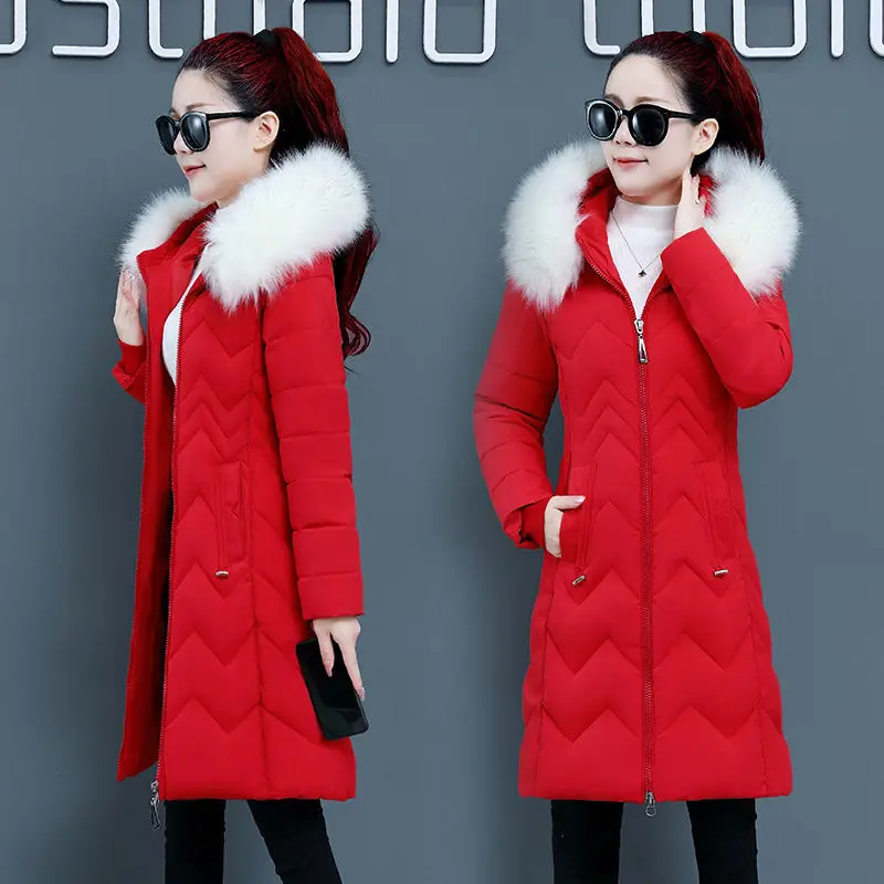 2024 Women\'s Down Parkas Winter Jacket Big Fur Collar Thick Slim Coat Fashion Hooded Cotton Outerwear Female Casual N157