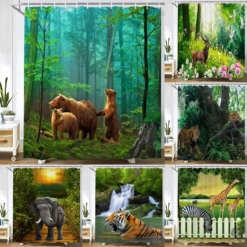 

Водонепроницаемая полиэфирная ткань, занавески для душа, лесной тигр, медведь, животное, принт, занавески для ванной комнаты, украшение для дома, занавеска