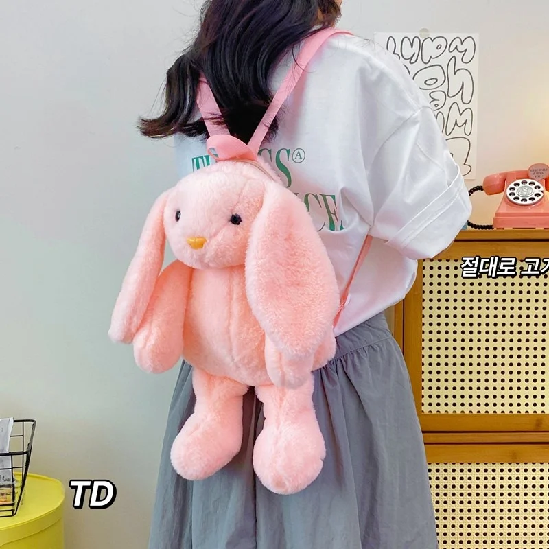 Cute Cartoon Rabbit Plush Backpack Youth Soft Shoulder Bag Vivid Embroidery Decorated Zipper Closure Small Size Pure Color