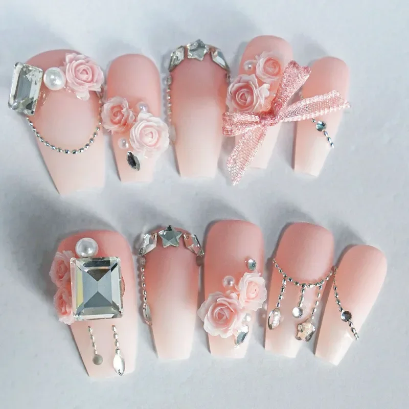 

High Quality Handmade Press on Nails Elegant Frosted Pink Gradient with Roses and Diamonds Wearable Artificial Nail Tips Art