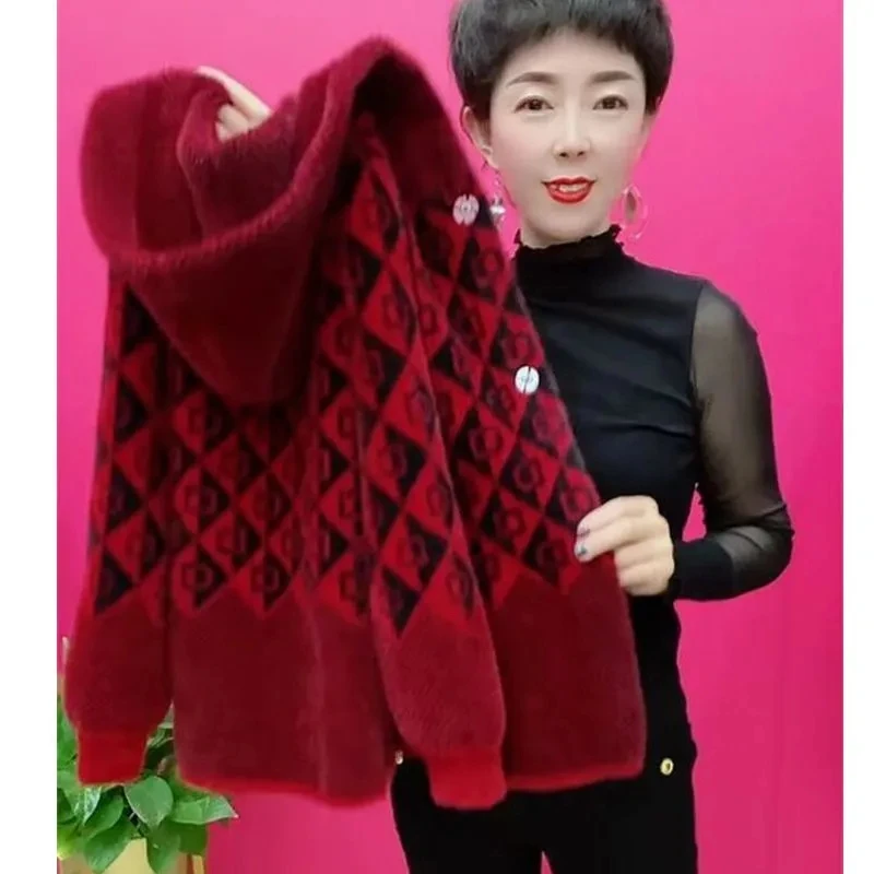 2023 New Imitation Mink velvetShort Hooded Woolen Coat Fall Winter Middle Aged Women Knitted Cardigan Sweater Zipper Coats