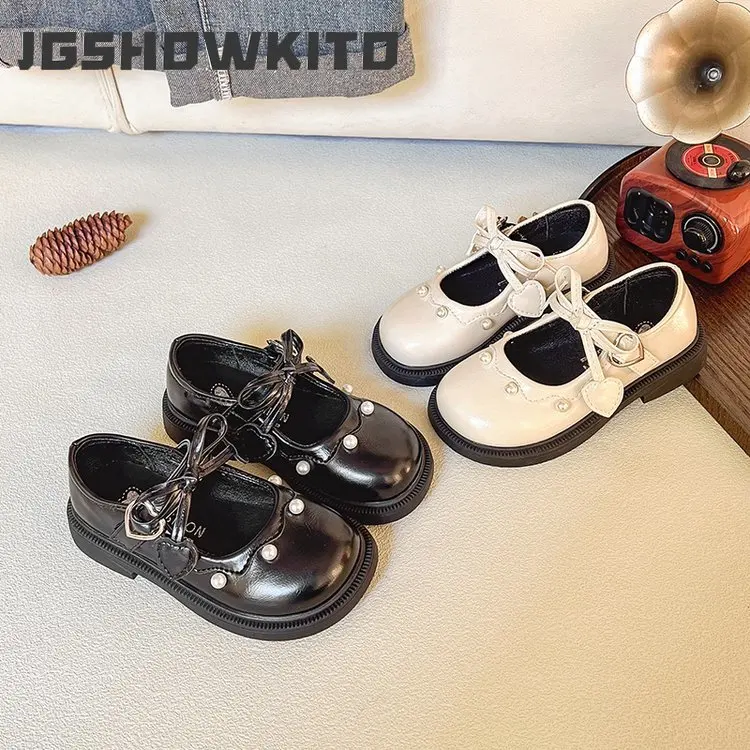 JGSHOWKITO Girls Bowtie Shoes Kids Dress Flats for Wedding Party 2026 New Kids Mary Jane Soft Classic Pearls Beads School Shoes
