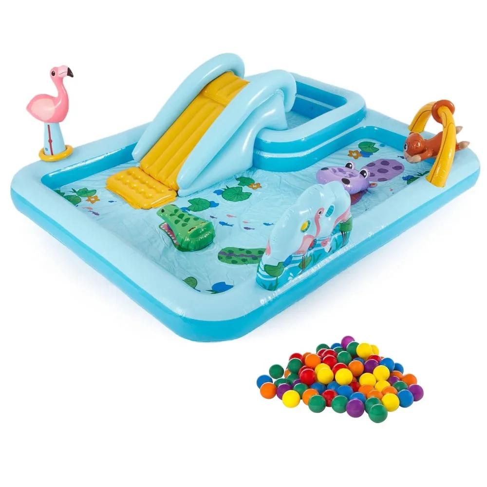 

96 x 78 x 28 Ft Inflatable Jungle Adventure Play Center Spray Kiddie Pool & Small Plastic Multi-Colored Fun Ballz, Customized