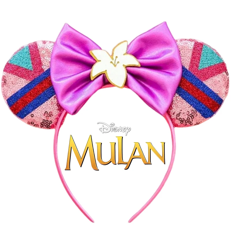 Disney Mickey Mouse Mulan Ears Headbands for Girls Kids Flower Sequins Bow Hair Accessories Women Party Hairbands Adult Headwear