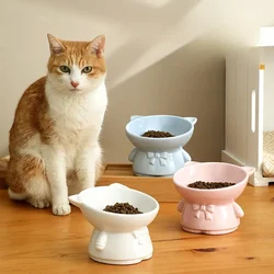 Ceramic Cat Bowl Combination Double Bowl High Feet Oblique Mouth Neck Guard Drinking Water Dog Basin Cat Rice Bowl Pet Supplies