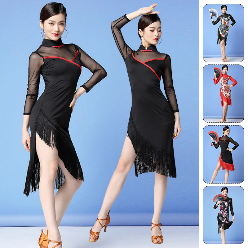 

Chinese Cheongsam Sexy Latin Dance Costume Long Sleeve Print Tassel Slit Party Dress Tango Modern Rumba Performance Dancewear
