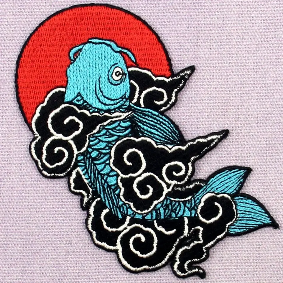 Embroidered patches for hats Japanese Koi Fish ceo-friendly handmade 3D iron on applique large patch