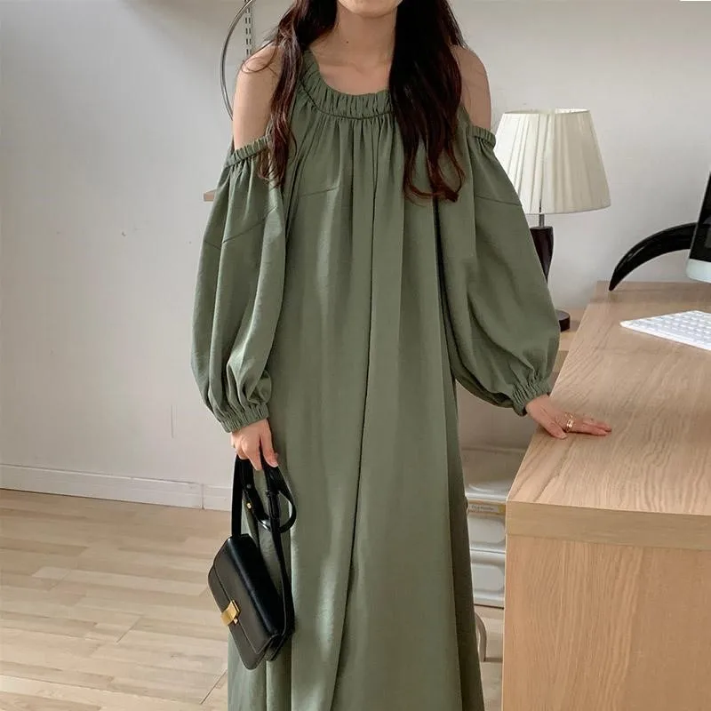 

South Korea's French Lazy Style Round Collar Leakage Shoulder Sleeve Dress Skirt Loose Folds Lantern Summer Dresses 2023 Women