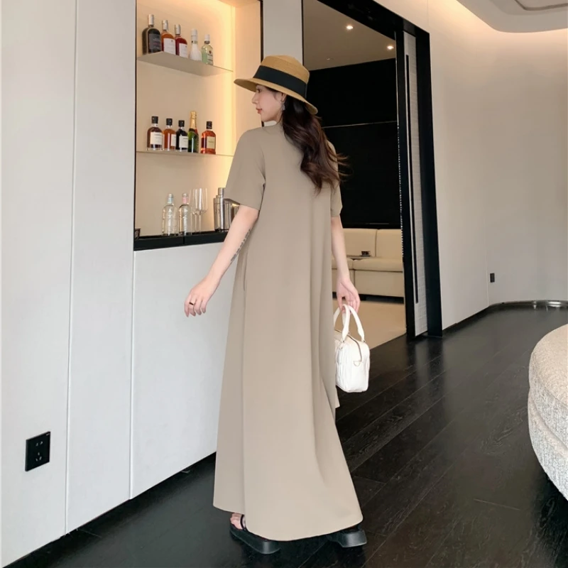 ฤดูร้อน Oversize สีทึบรอบคอแขนสั้นเสื้อยืดผู้หญิงแฟชั่นหลวมสบายๆ A-Line ชุดยาว