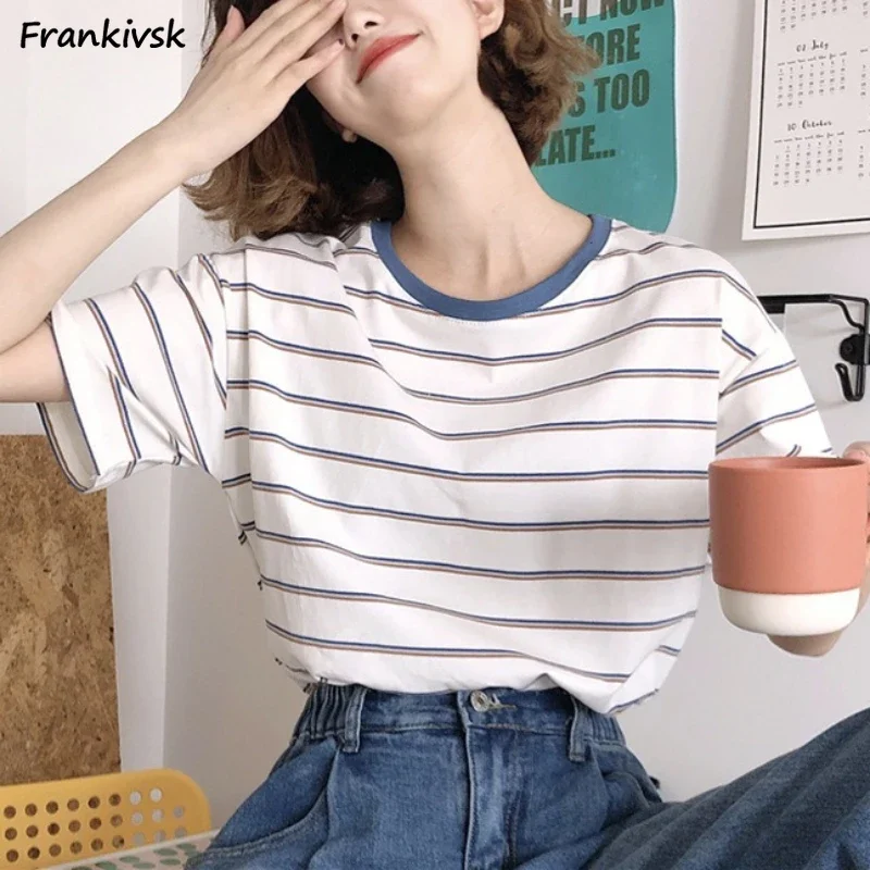 T-shirts Women Striped Bright Students Youthful Vitality Freshen Summer Leisure Trendy Gentle All-match Harajuku Simple Chic