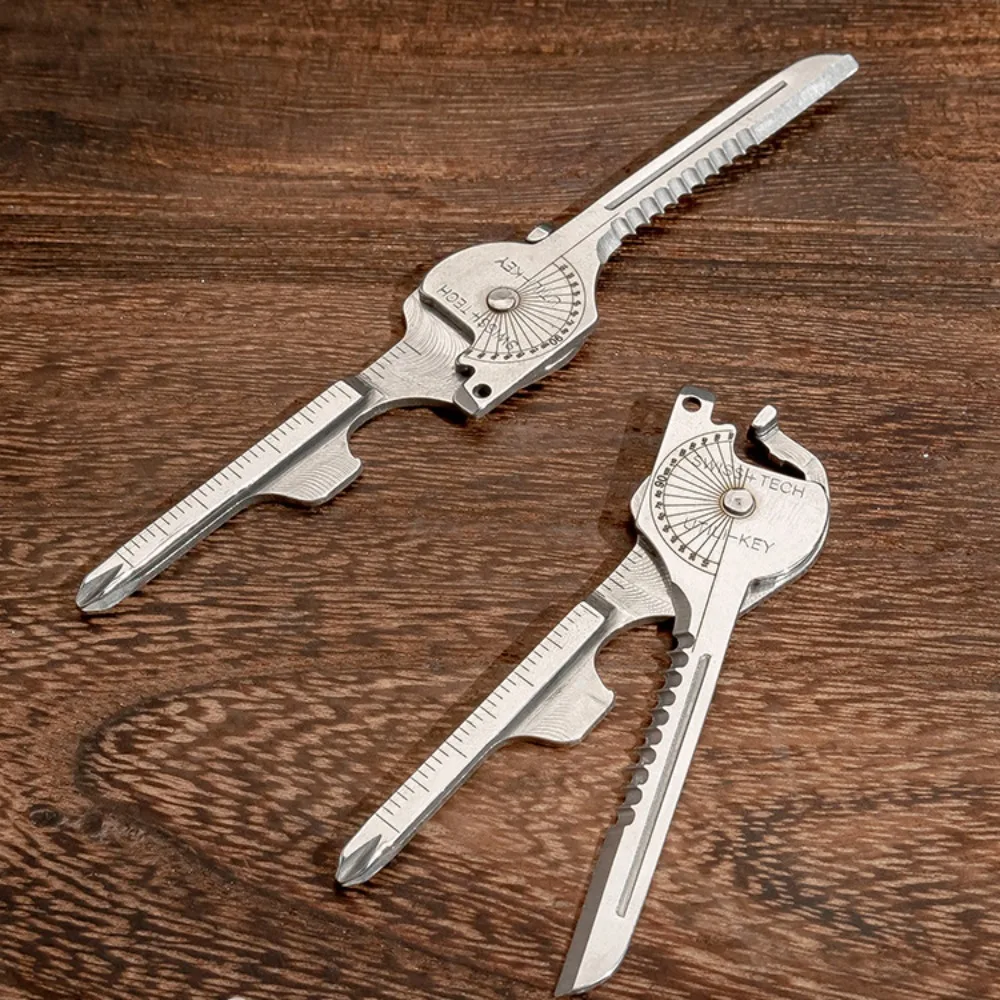 พวงกุญแจอเนกประสงค์แบบพกพา สแตนเลส 8-in-1 ชุดเครื่องมือพับได้สำหรับเอาตัวรอด ดีไซน์พับได้อเนกประสงค์