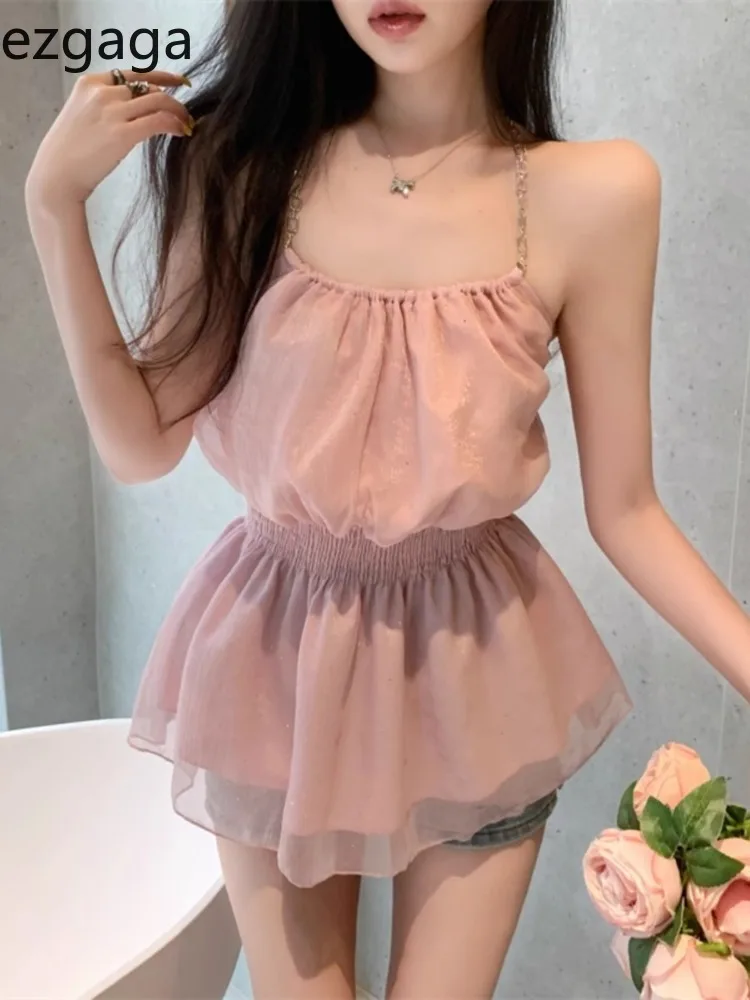 Ezgaga Sweet Tank Top Woman Halter Slash Neck Backless Chiffon Sleeveless Tops Elegant Summer Casual Female Camis Outwear