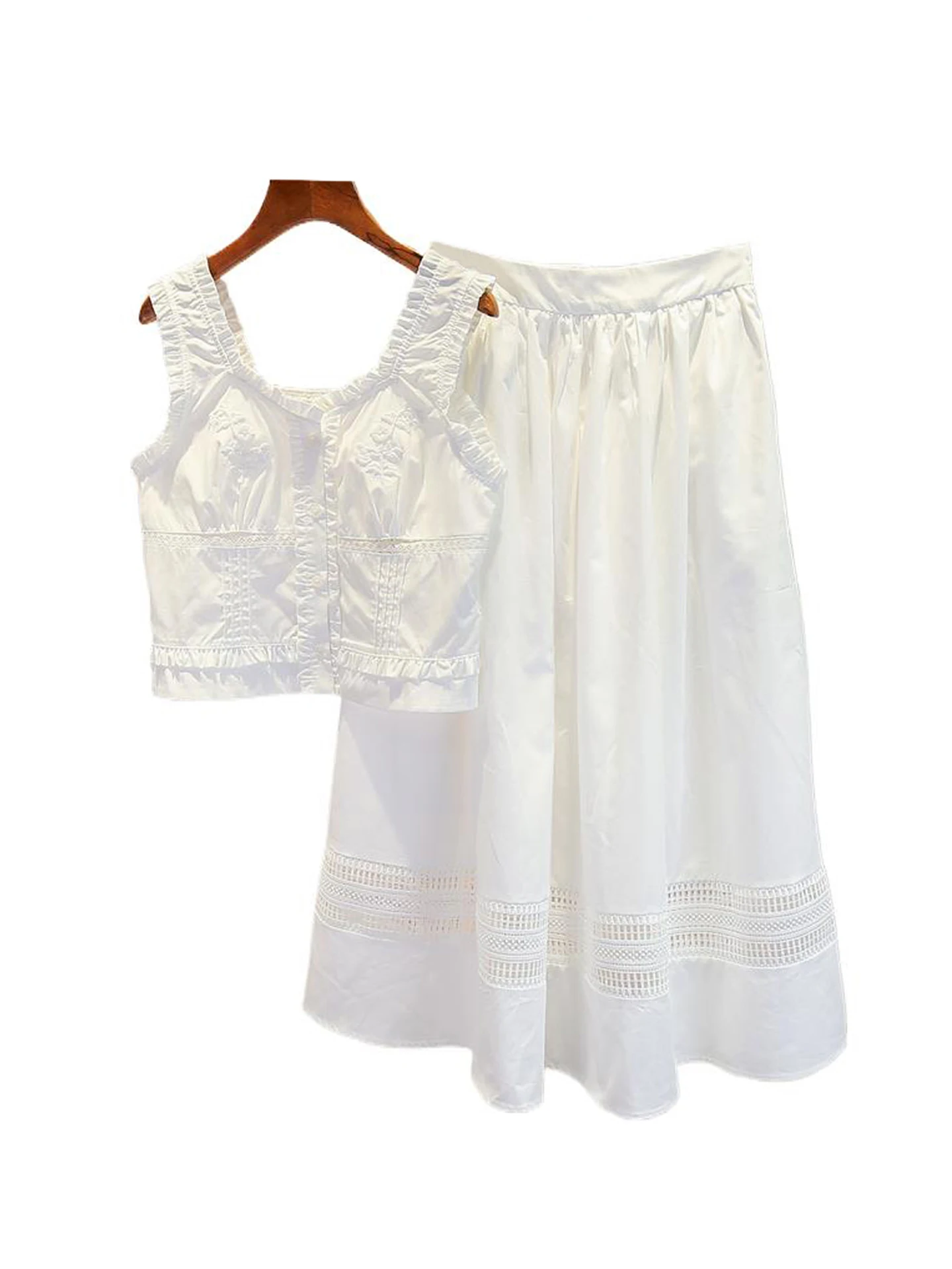 

White Embroidered Strap Vest Top And f Skirt Set High End Women's Faion Summer Outfit by Nan You in Polyester Fiber