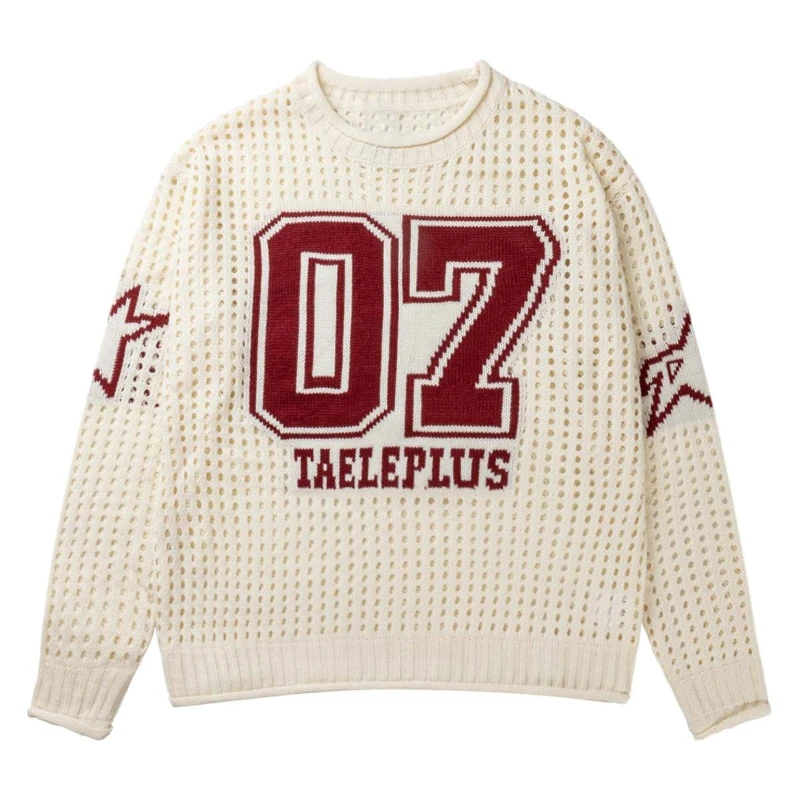 Y2K Retro Sweater Openwork Jersey Knit Digital Jacquard Pattern Streetwear Harajuku Vintage Classic Sportswear Unisex Pullover