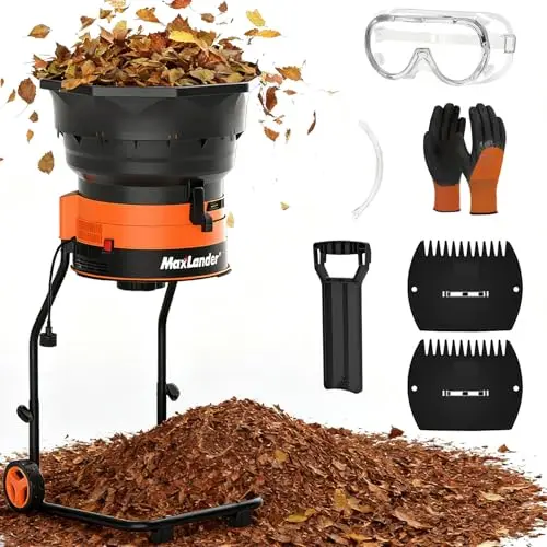 Electric Leaf Mulcher/Shredder, 15 Amp 8400 RPM, 18:1 Ratio, Adjustable Dial, with Goggles, Leaf Scoops/Gloves, 20