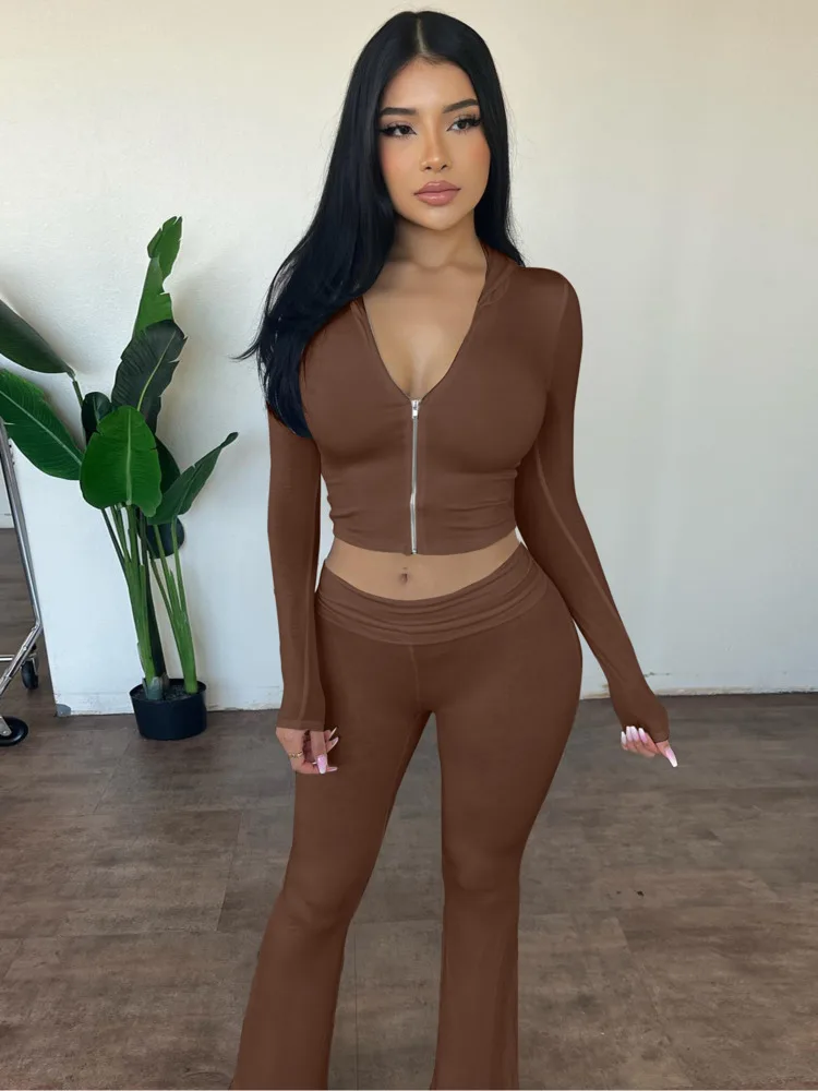 

Articat Fashion Long Sleeve Zipper Elastic Tight Women Set2025Spring New Hoodie Top Bellbottom Pants Casual Sporty Two Piece Set