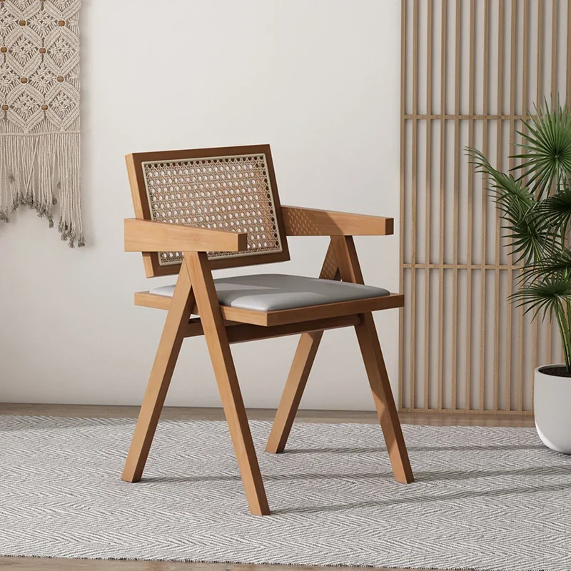 Rattan Chair Kitchen Arm Rest Water Resistant Japanese Style Outdoor Coffee Trendy Wood Chair Elegant Chaises Outdoor Furniture