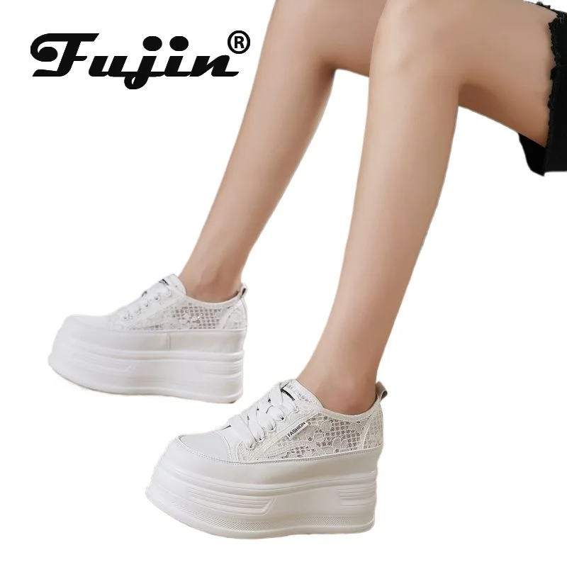 

Fujin 10cm Slides Women Summer Shoes Platform Fashion Sandals Sneakers Lace Up Platform Wedge Genuine Leather Air Mesh Slippers