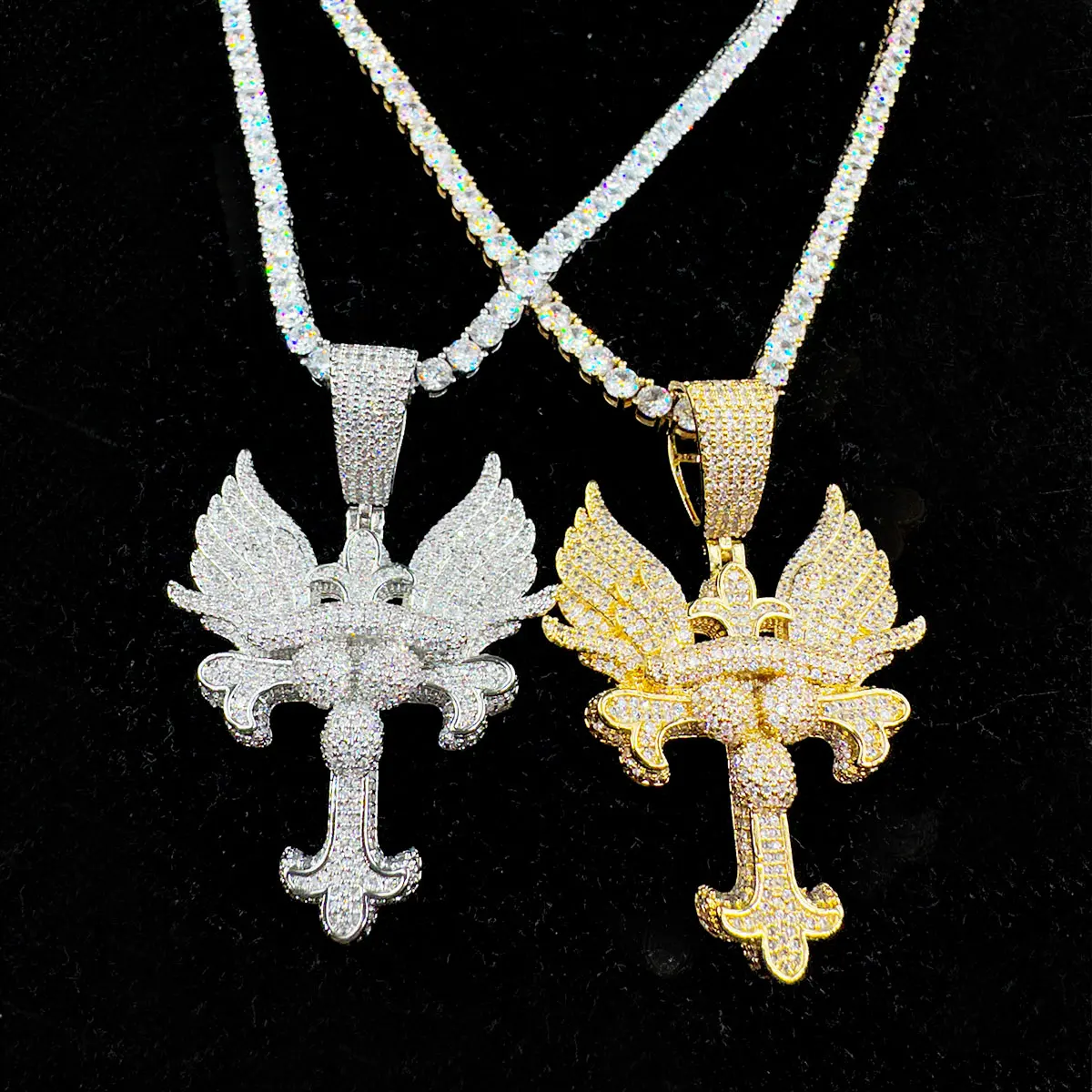 Aokaishen Out Pendant Prong Setting Wing Cross Necklace for Men Real Gold Plated Hip Hop Jewelry