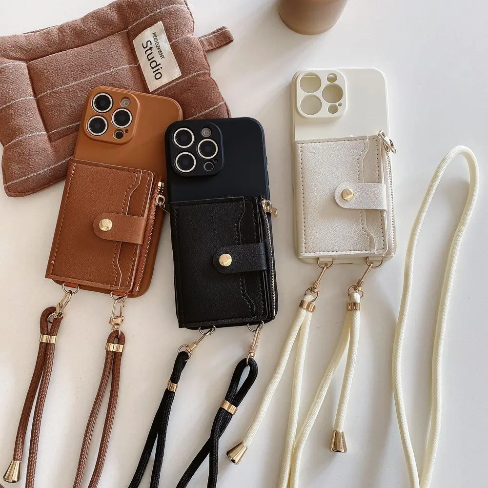 

White Wallet Phone Cover For Iphone 16 11 12 13 14 Pro Max 15 Plus Card Slot Lanyard Strap Crossbody Bag Soft Case Funda