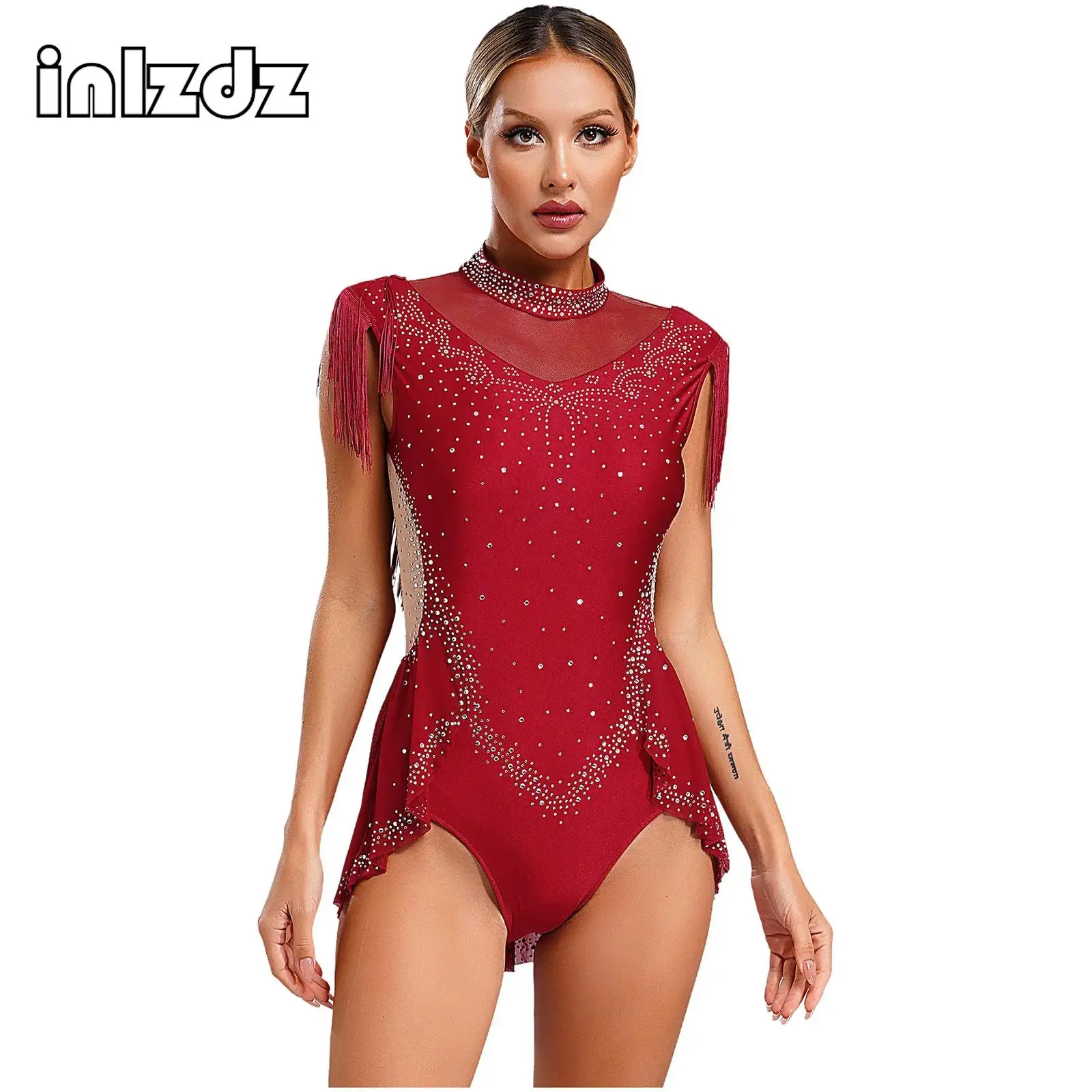 

Women Latin Tango Salsa Tassel Leotard Dance Dress Shiny Rhinestones Fringe Bodysuit Ballroom Artistic Skating Dance Costume