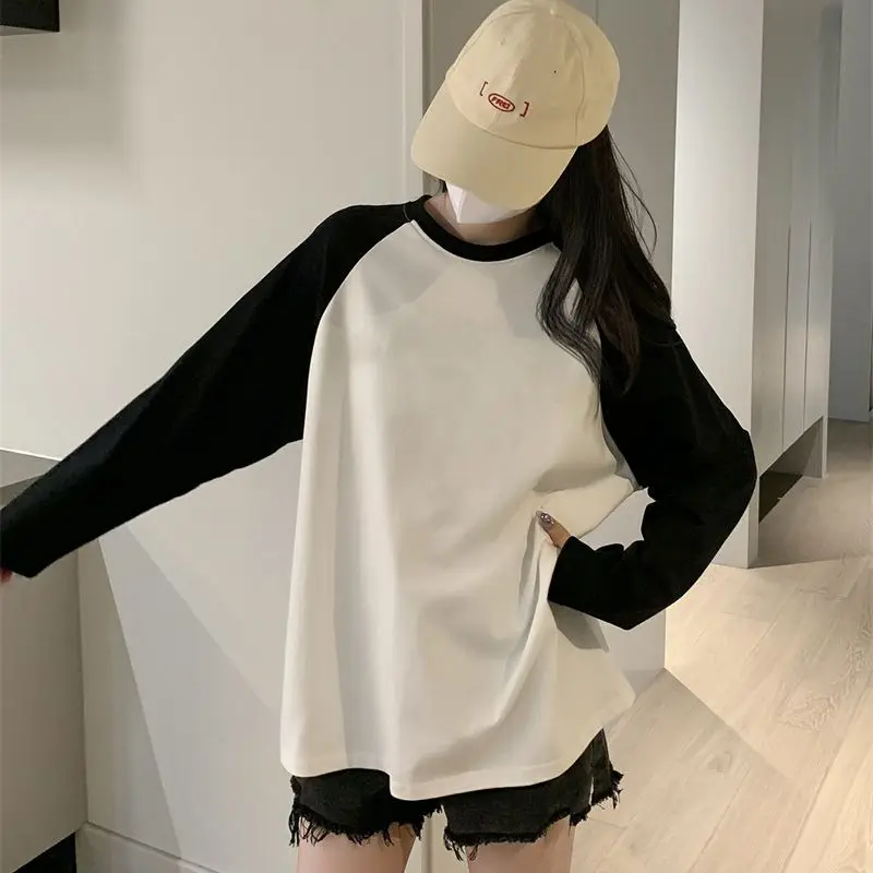 Autumn Winter Edition Long Sleeve T-shirt Made of Pure Women's Clothing Cotton with Shoulder Insertion Contrasting Color Tops