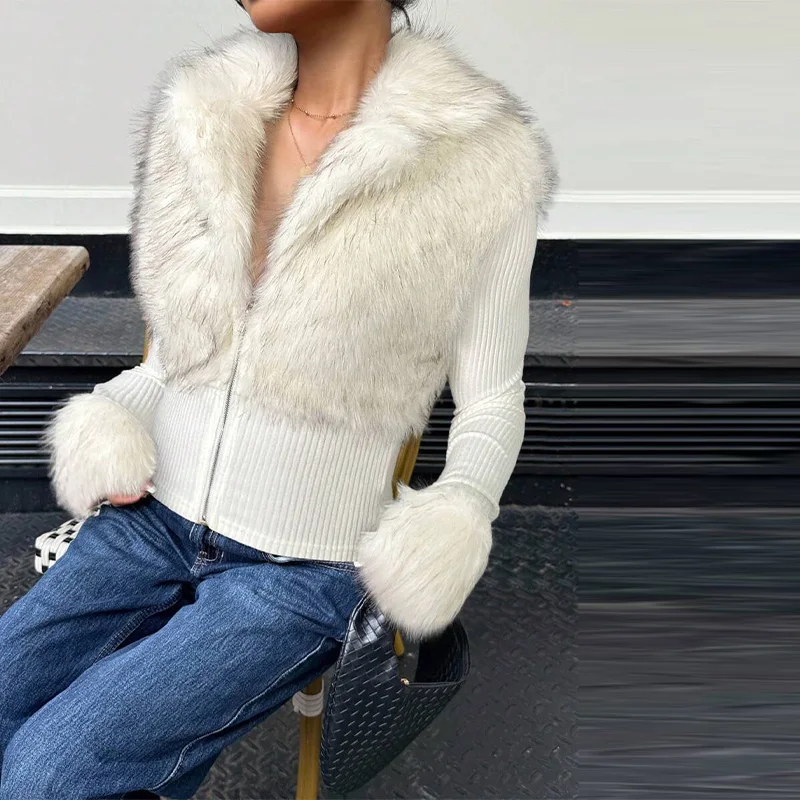 أنيقة سترة مشغولة من الصوف فو الفراء المرقعة تنوعا سليم صالح أزياء المرأة البنطال القصير العصرية لينة مريحة الرجعية سيدة الشارع ارتداء #3