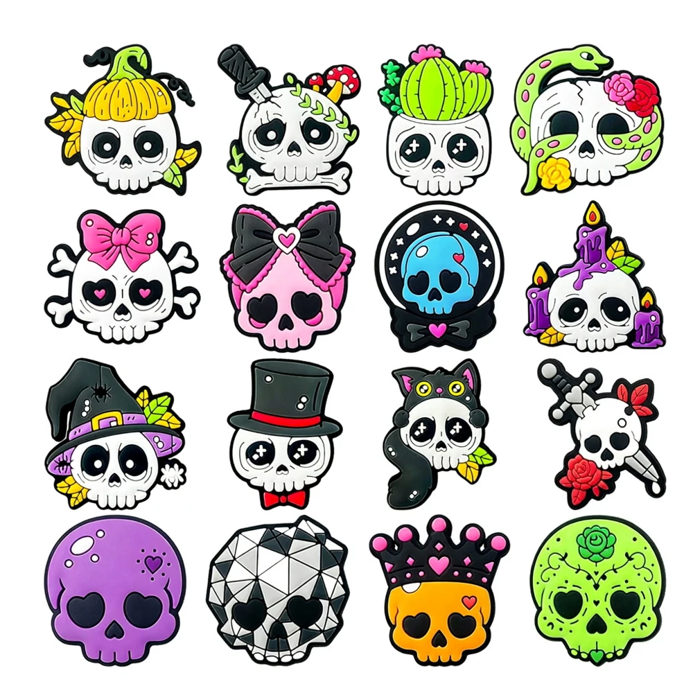 4-16PCS Cartoon Halloween Skeleton Shoe Charm Ghost PVC Clog Wristband Beach bag Decor Buckle Detachable Waterproof Party Gift