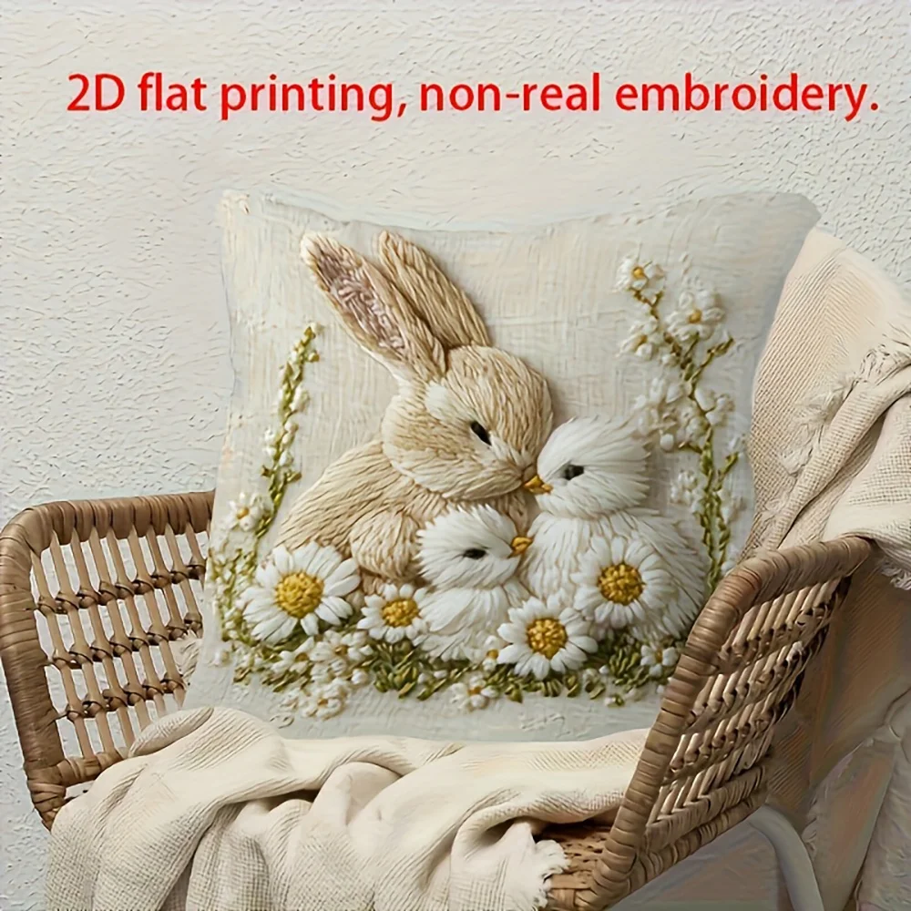 VIKAMA Kissenbezug mit Kunststickerei, Kaninchen und Gänseblümchen, 2D-gedruckt, für Wohnzimmer, Sofa, Schlafzimmer, Heimdekoration, Kissenbezug