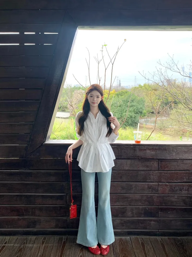 

Elegant White Long Sleeve Shirt Women's Slimming Waist Design Chic Spring Fashion Gentle Style Small Audience Reduction Age