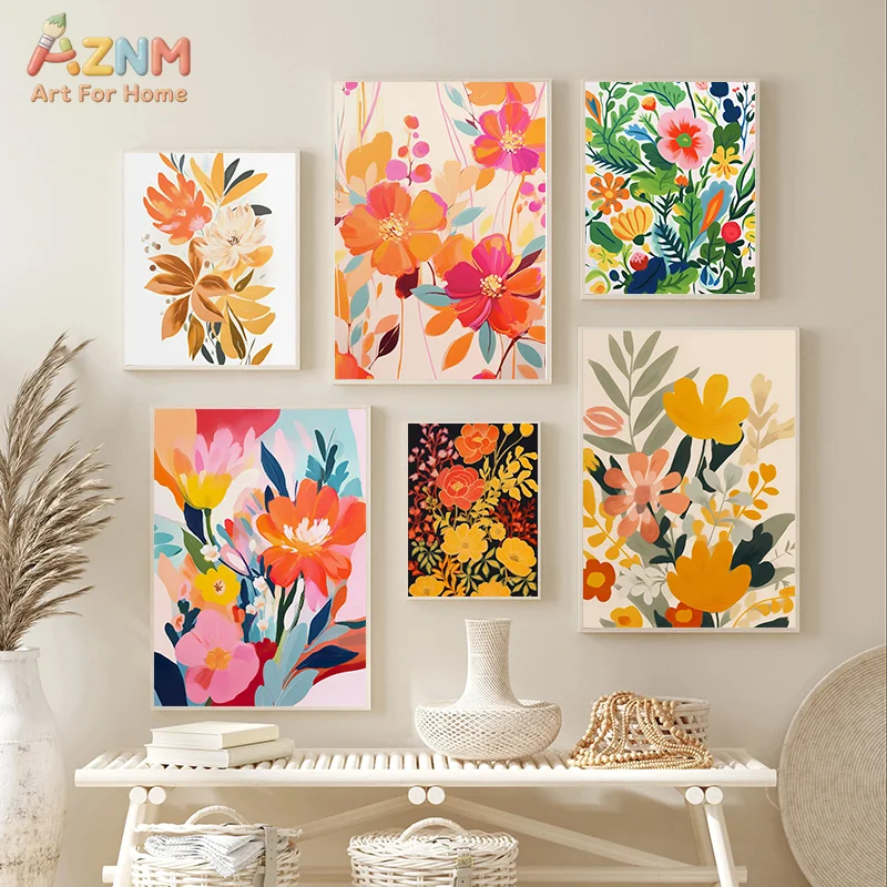 AZNM Vibrant Abstract Floral Canvas Wall Art Colorful Boho Flower Leaf Illustration Print Unframed Canvas Bright Neutral Living
