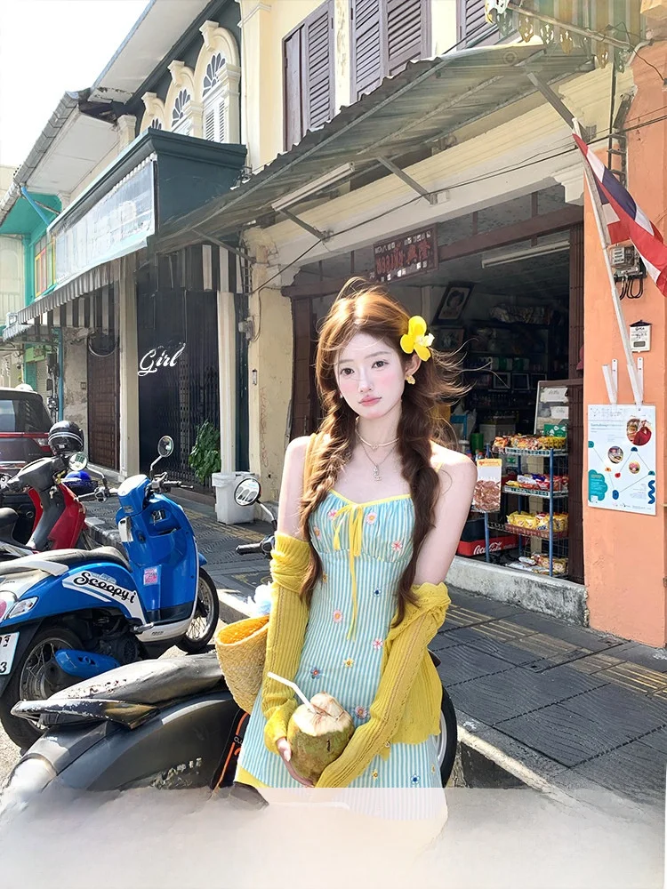 

Acaine Summer Wild Chrysanthemum Mid-Length Embroidered Striped A-Line Halter Dress Women's Korean Style Skirt Short Sleeve S...